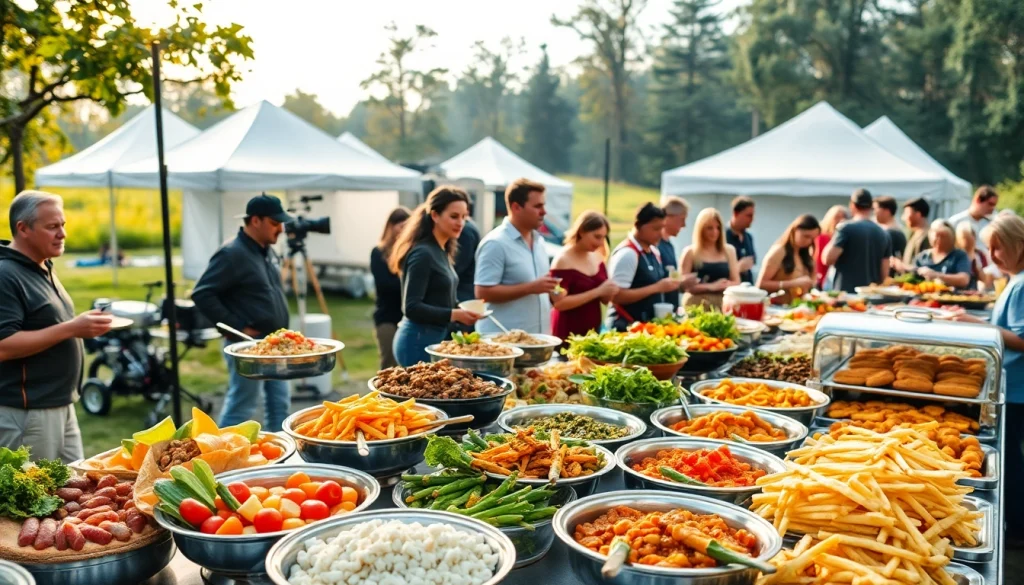 Engaged crew members enjoy Craft services for film sets Hamilton with a vibrant buffet setup.