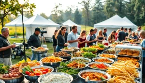 Engaged crew members enjoy Craft services for film sets Hamilton with a vibrant buffet setup.