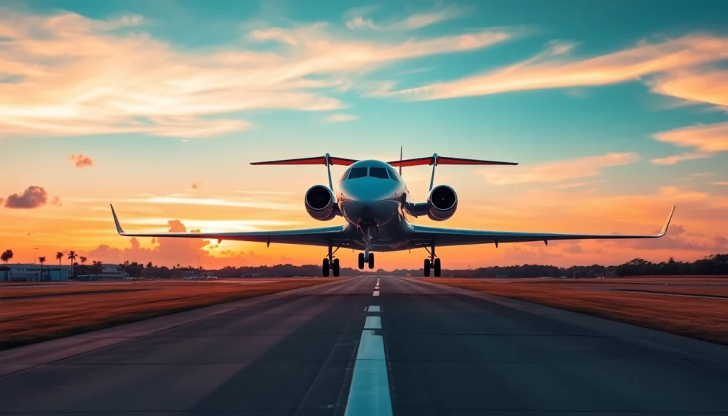 Private Jet Charter West Palm Beach taking off into the sunset with luxury surroundings.