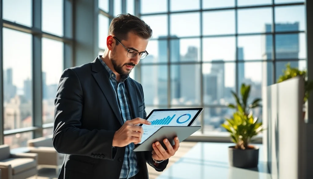 B2B buyer analyzing data insights in a modern office environment, showcasing a professional workflow.