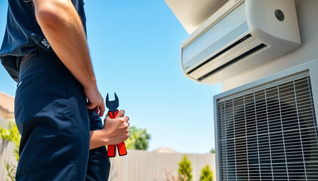 Technician performing air conditioning replacement in residential setting with bright lighting.