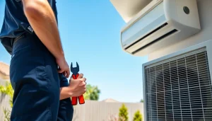 Technician performing air conditioning replacement in residential setting with bright lighting.
