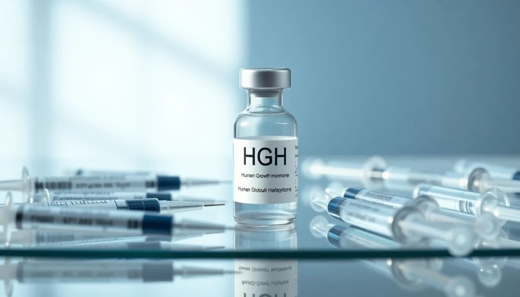 Discover HGH FOR SALE in a professional setting with vials and syringes displayed.
