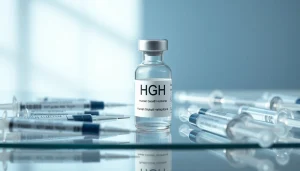 Discover HGH FOR SALE in a professional setting with vials and syringes displayed.