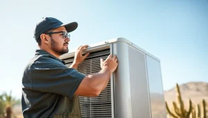 Service technician repairing a scottsdale ac unit in a sunny desert setting.