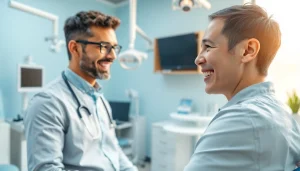 Engaging orthodontist at Grand Strand Smile Spotlight assessing a patient’s smile in a welcoming clinic.