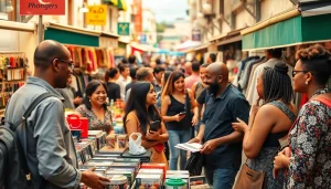 Engaged buyers and sellers at Jirle Marketplace for sellers & Buyers in a vibrant urban setting