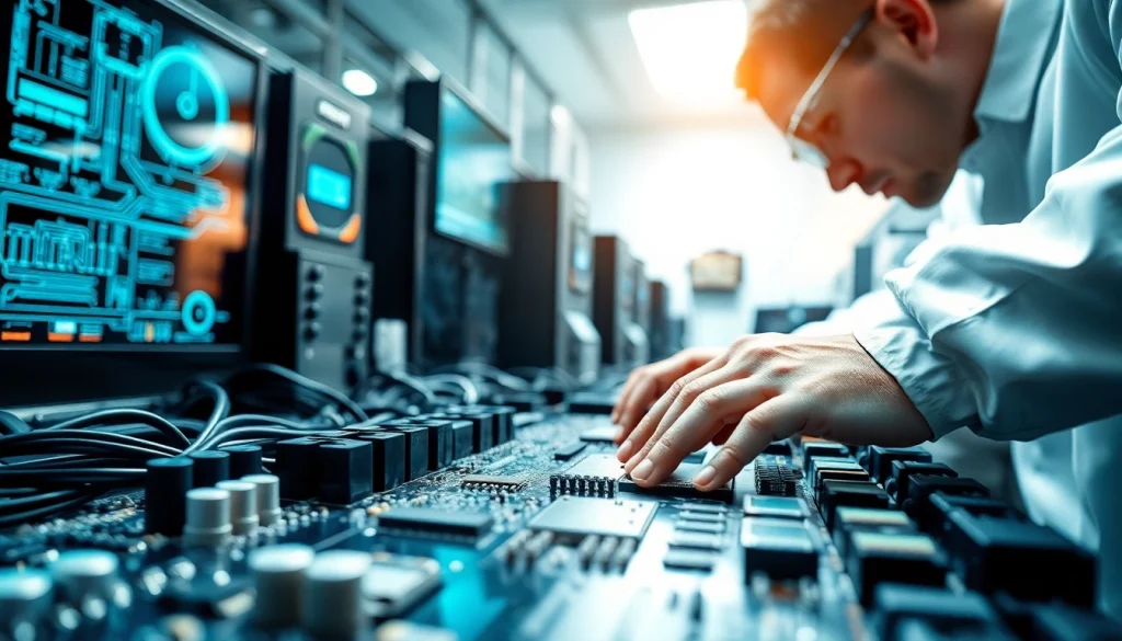 Technician examining das 142 circuit board in a high-tech lab, focusing on intricate electronics.