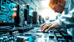 Technician examining das 142 circuit board in a high-tech lab, focusing on intricate electronics.