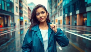 Model flaunting a trendy raincoat in an urban setting, showcasing vibrant colors and style.