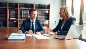 Maryland Workers Compensation Lawyer consulting with a client in an inviting law office setting.