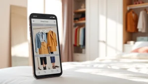 Organize your wardrobe with a sleek virtual closet app interface on a modern smartphone.