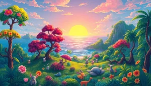 토토피아에서 즐길 수 있는 아름다운 풍경을 탐험하는 장면입니다.