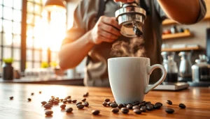 Brewing fat burning coffee supplement with rich aroma in a bright coffee shop setting.
