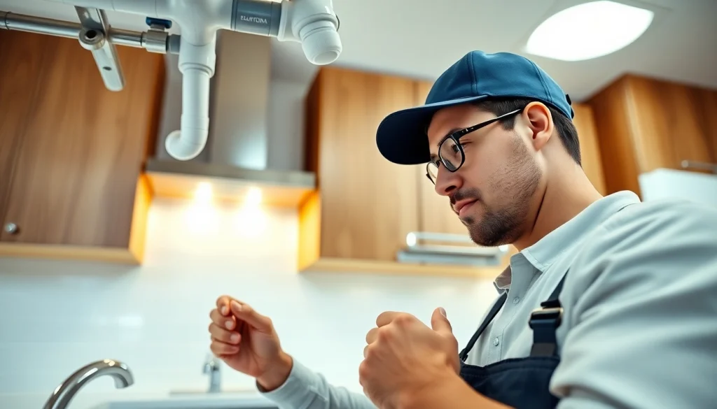 Plumbing Lacey Wa professional inspecting a residential plumbing system in a bright kitchen setting.
