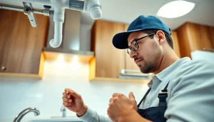 Plumbing Lacey Wa professional inspecting a residential plumbing system in a bright kitchen setting.