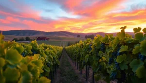 View picturesque Clarksburg wineries surrounded by grapevines and a stunning sunset.