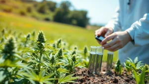 Assessing the quality of CBD UK plants in a vibrant green field with lab equipment
