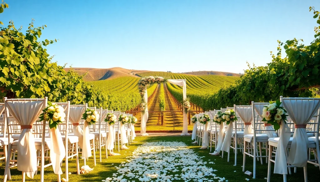 Beautiful outdoor ceremony at Clarksburg Wedding Venues, featuring grapevines and floral arrangements.