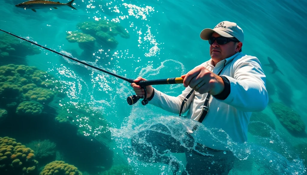 Casting a line in saltwater fly fishing surrounded by vibrant marine life and coral reefs.
