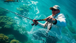 Casting a line in saltwater fly fishing surrounded by vibrant marine life and coral reefs.