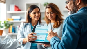 Engaging scene of eprescription app development in a modern healthcare environment with doctor and patient.