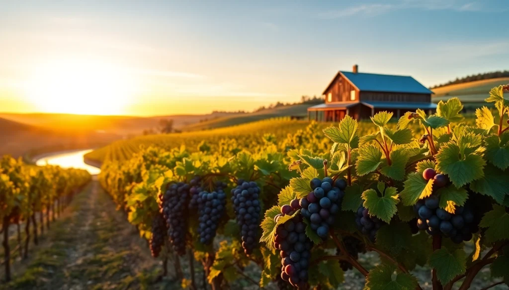 Carksburg CA vineyard at sunset showcasing ripe grapes and tranquil river views.