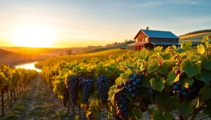 Carksburg CA vineyard at sunset showcasing ripe grapes and tranquil river views.