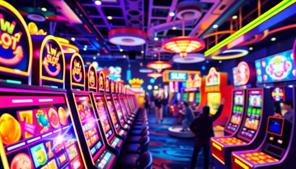 Menampilkan qqmacan slot online dengan pemain yang merayakan kemenangan dan mesin slot berwarna cerah.