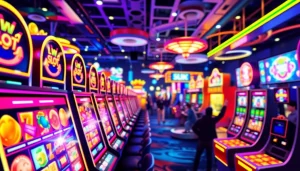 Menampilkan qqmacan slot online dengan pemain yang merayakan kemenangan dan mesin slot berwarna cerah.