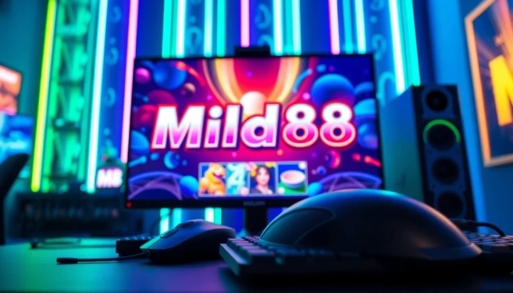 Menampilkan permainan mild88 slot yang menarik dalam setup gaming modern dengan pencahayaan berwarna.