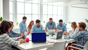 WordPress agencies collaborating in a modern workspace, emphasizing teamwork and creativity.