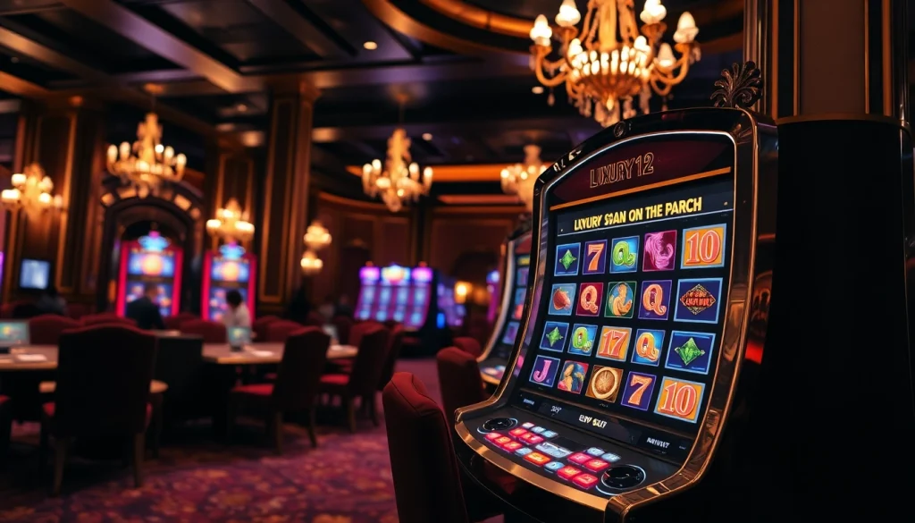 Manos jugando en la tragamonedas luxury12 dentro de un casino lujoso y elegante.