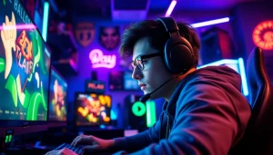 Gamer menggunakan mild88 dalam suasana kompetitif, dikelilingi dengan lampu LED berwarna-warni.