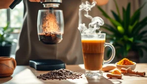 Enjoying the benefits of a fat burning coffee supplement with vibrant colors and herbal ingredients.