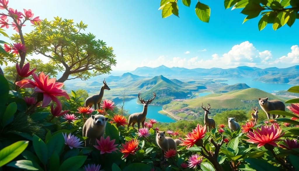 Menggambarkan lokasi 토토피아 dengan keindahan alam yang beragam dan makhluk fantasi menarik.