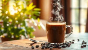 Brewed fat burning coffee supplement in a cozy setting with coffee beans and spoon