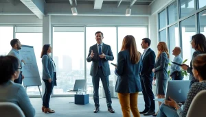 Business coach los Angeles guiding a diverse team in a bright modern office setting.