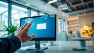 Using temp mail service on a computer in a vibrant, modern office