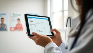 Engage with eprescription app development through a doctor using a tablet in a modern medical setting.