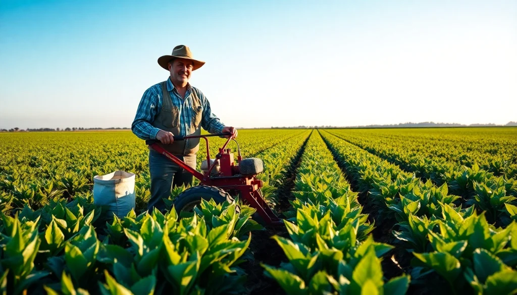A farmer illustrating important concepts in agriculture law amidst lush crops on a sunny day.