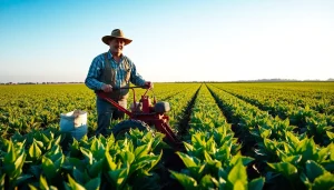 A farmer illustrating important concepts in agriculture law amidst lush crops on a sunny day.