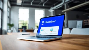 Showcase Bluehost's user-friendly interface on a sleek laptop in a bright office.