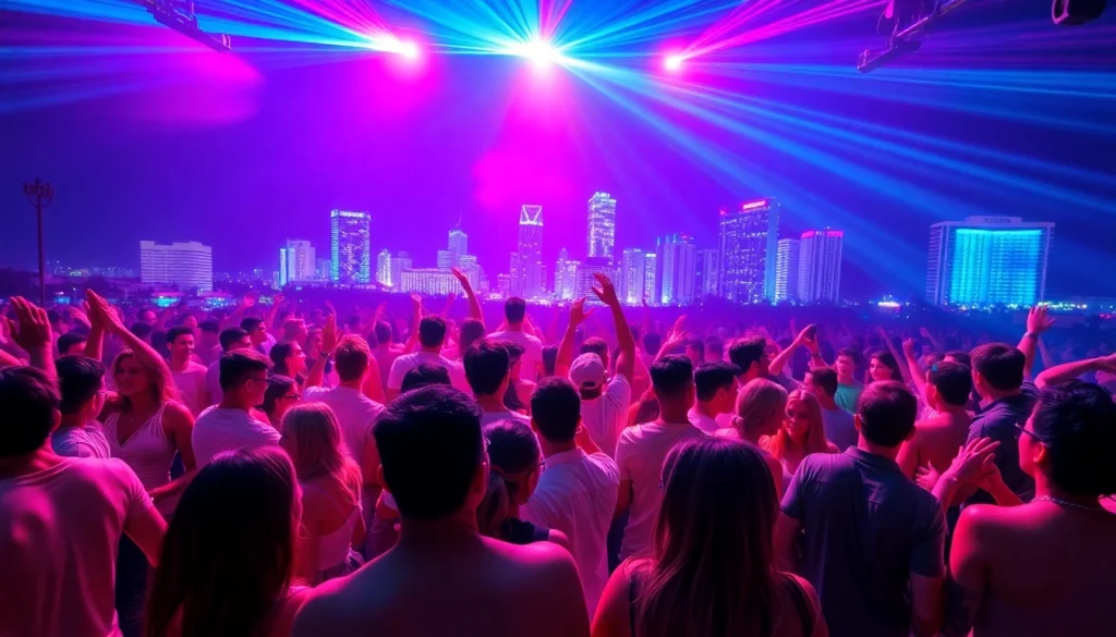 Witness the lively energy of a Miami rave with a crowd immersed in vibrant colors.